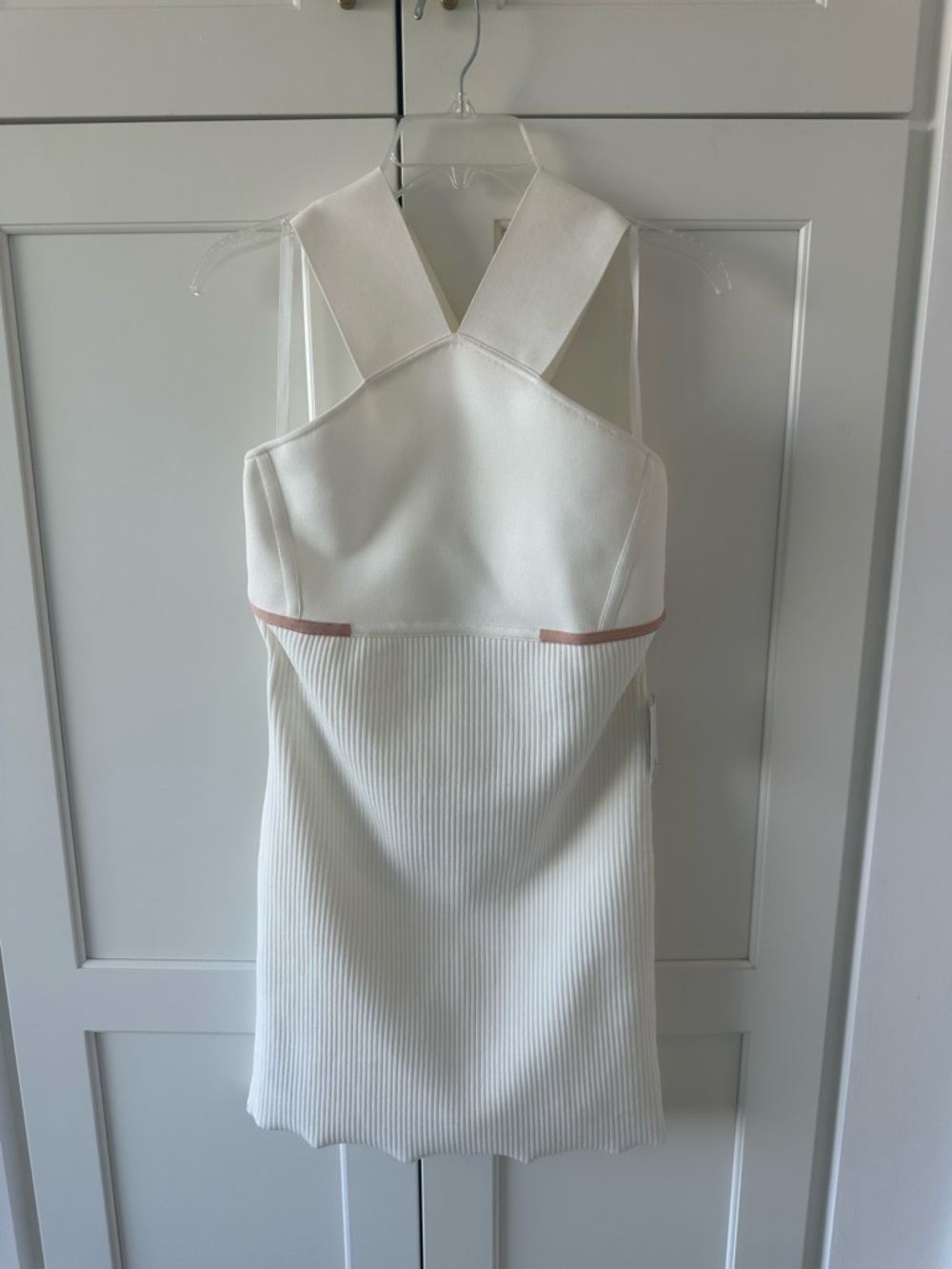 Herve Leger White Halter Ribbed Mini with Blush Accent